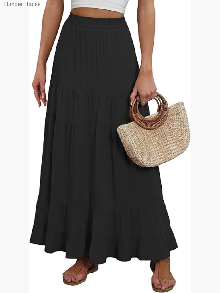 Maxi Skirt High Waist A-Line Flowy Tiered Pleated Boho Beach Vacation Long Skirt